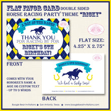 Load image into Gallery viewer, Horse Racing Birthday Party Favor Card Tent Appetizer Place Sign Yellow Blue Kentucky Derby Jockey Track Boogie Bear Invitations Ricky Theme