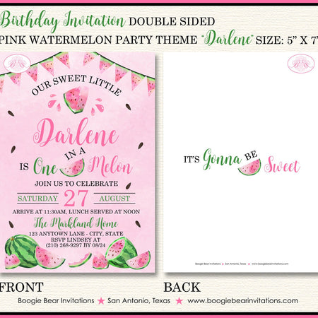 Pink Watermelon Birthday Party Invitation One Melon Fruit Sweet Melon Girl Boogie Bear Invitations Darlene Theme Paperless Printable Printed
