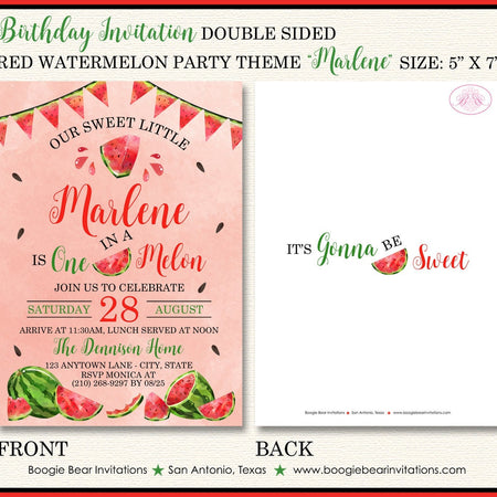 Red Watermelon Birthday Party Invitation One Melon Sweet Summer Boy Girl Boogie Bear Invitations Marlene Theme Paperless Printable Printed