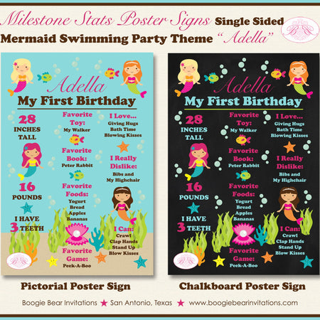 Mermaid Swimming Birthday Party Sign Stats Poster Sign Frameable Chalkboard Milestone Pool Splash Swim Boogie Bear Invitations Adella Theme