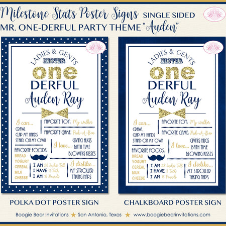 Mr Onederful Birthday Party Sign Poster Frameable Chalkboard Stats Wonderful Boy ONE derful Bue Gold 1st Boogie Bear Invitations Auden Theme
