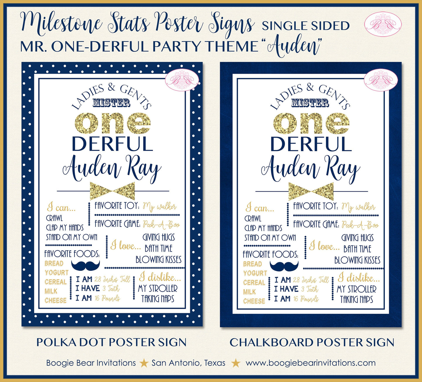 Mr Onederful Birthday Party Sign Poster Frameable Chalkboard Stats Wonderful Boy ONE derful Bue Gold 1st Boogie Bear Invitations Auden Theme