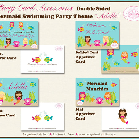 Mermaid Birthday Party Favor Card Appetizer Food Place Sign Label Swimming Splash Pool Ocean Fish Girl Boogie Bear Invitations Adella Theme
