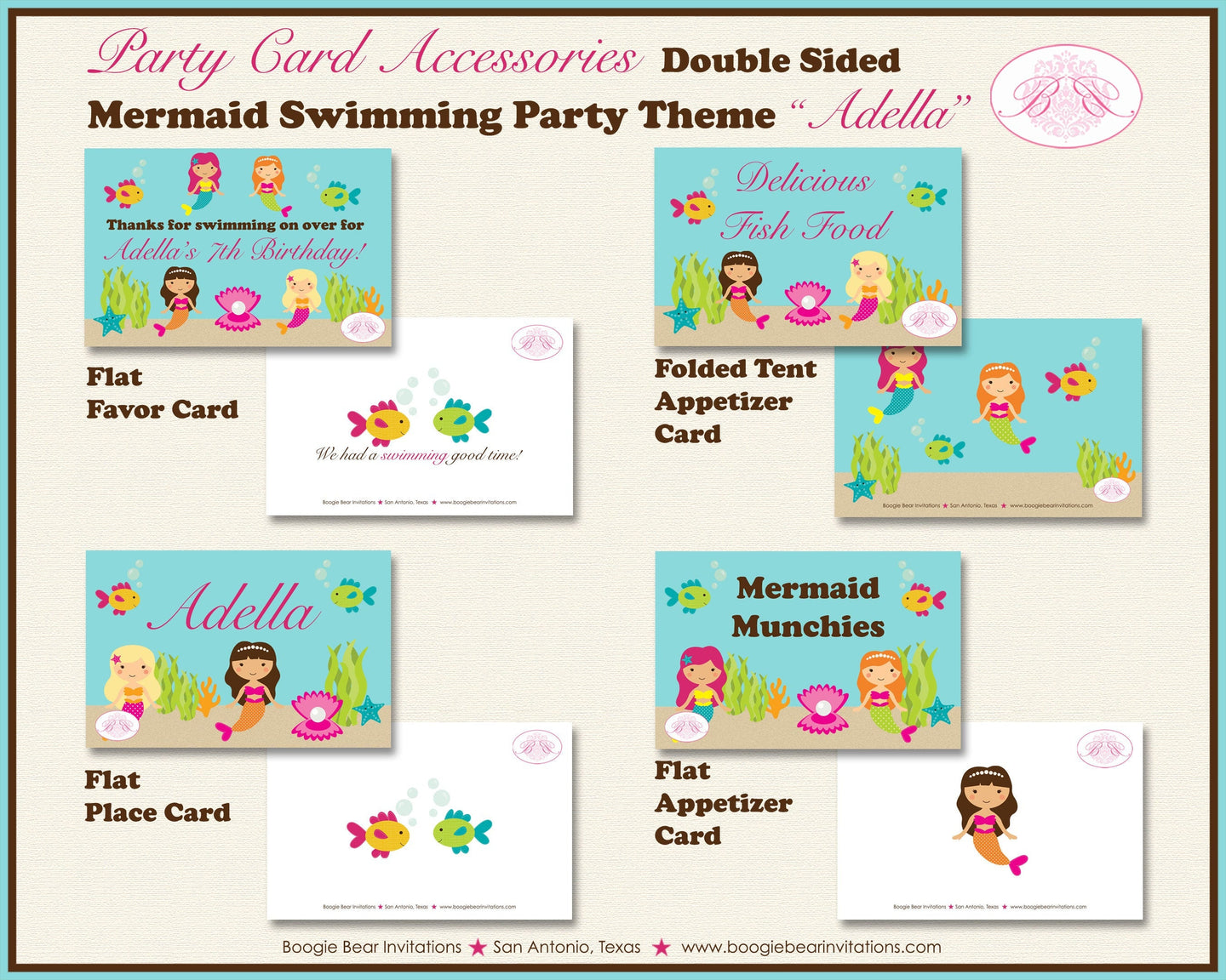 Mermaid Birthday Party Favor Card Appetizer Food Place Sign Label Swimming Splash Pool Ocean Fish Girl Boogie Bear Invitations Adella Theme