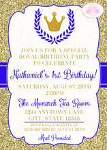 Load image into Gallery viewer, Royal Blue Gold Crown Party Invitation Birthday Boy Prince King Castle Boogie Bear Invitations Nathaniel Theme Paperless Printable Printed