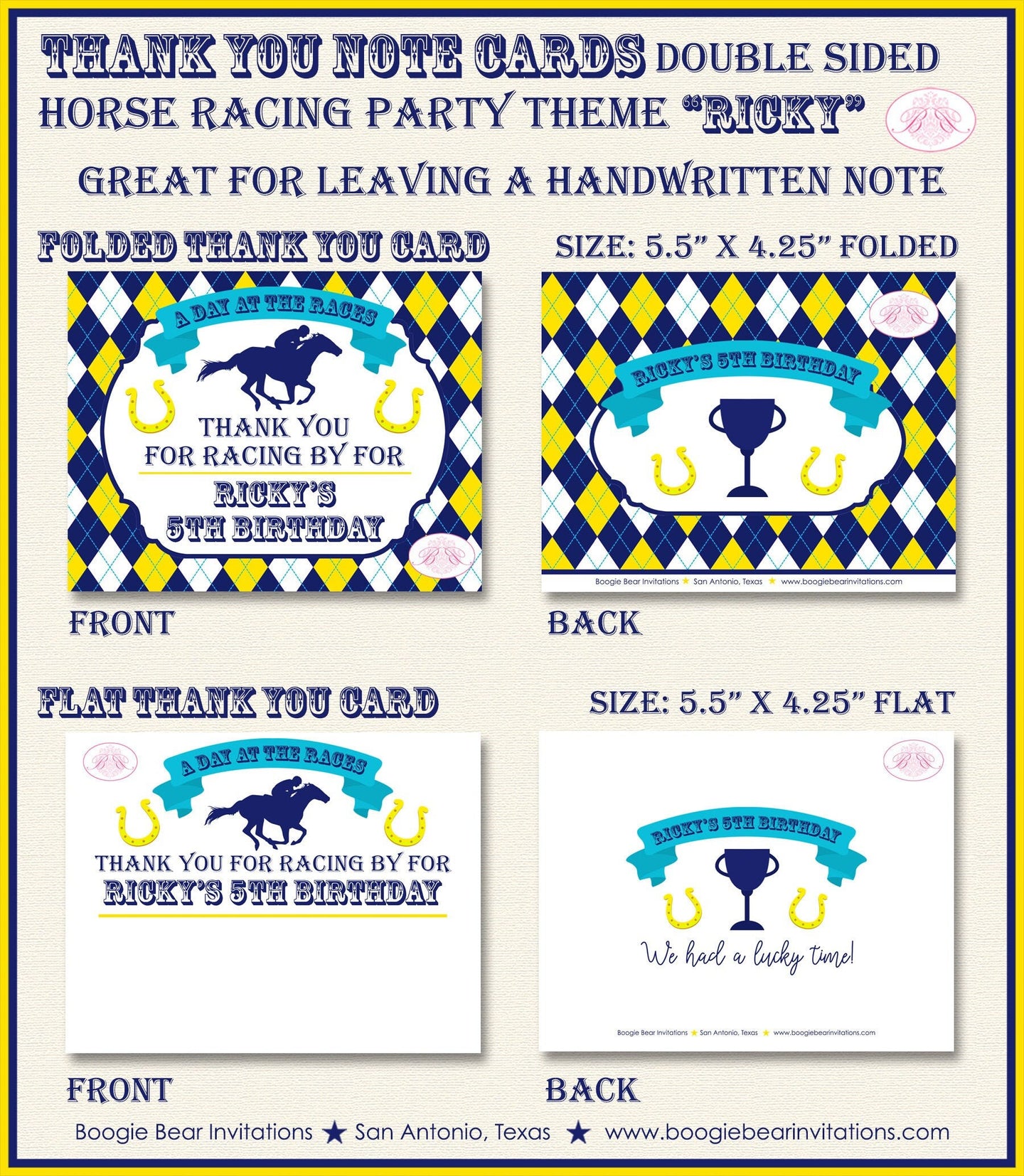 Horse Racing Birthday Party Thank You Card Argyle Yellow Blue Kentucky Derby Race Lucky Jockey Boogie Bear Invitations Ricky Theme Printed