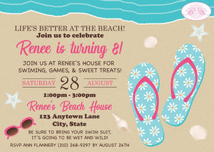 Beach Girl Birthday Party Invitation Flip Flop Swimming Ocean Pool Seashell Boogie Bear Invitations Renee Theme Paperless Printable Printed