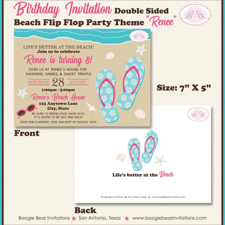Beach Girl Birthday Party Invitation Flip Flop Swimming Ocean Pool Seashell Boogie Bear Invitations Renee Theme Paperless Printable Printed
