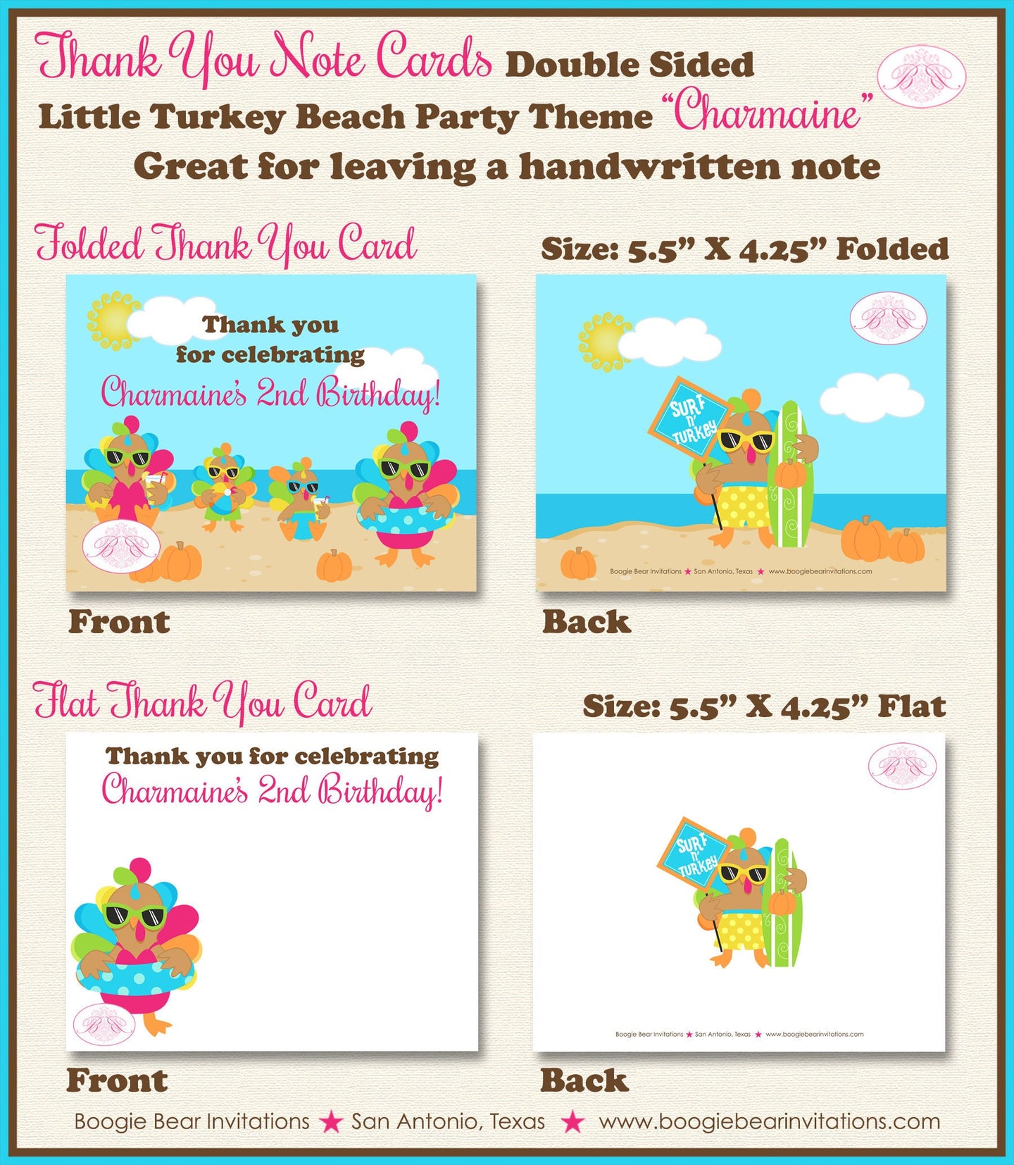 Little Turkey Party Thank You Cards Birthday Pool Beach Thanksgiving Pumpkin Swimming Splash Boogie Bear Invitations Charmaine Theme Printed