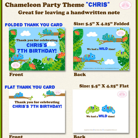 Chameleon Party Thank You Card Birthday Wild Animals Rainforest Amazon Jungle Safari Rain Forest Boogie Bear Invitations Chris Theme Printed