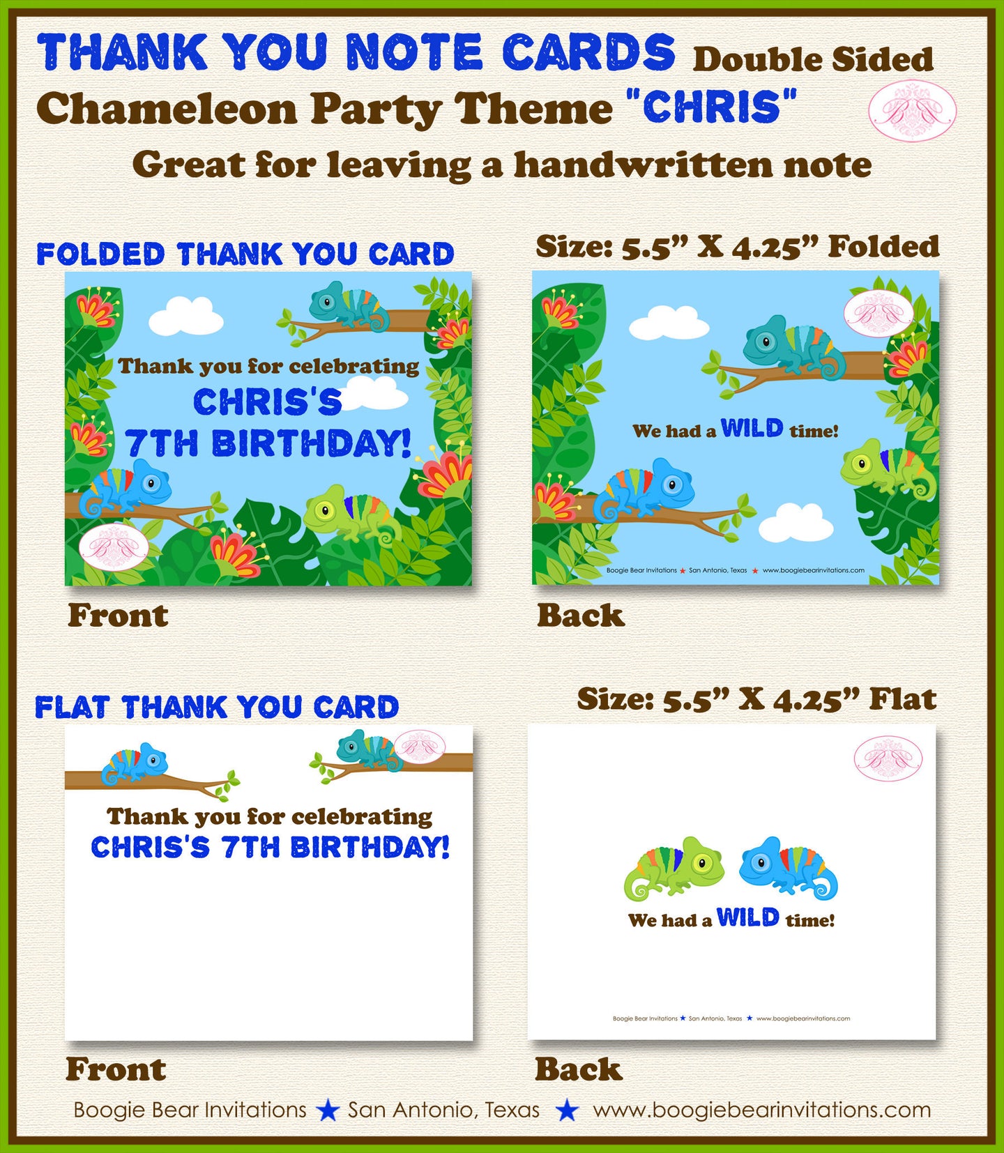 Chameleon Party Thank You Card Birthday Wild Animals Rainforest Amazon Jungle Safari Rain Forest Boogie Bear Invitations Chris Theme Printed