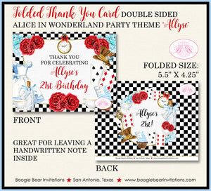 Mad Hatter Birthday Party Thank You Card Girl Tea Red Blue Black Alice in Wonderland Boogie Bear Invitations Allyse Theme Printed
