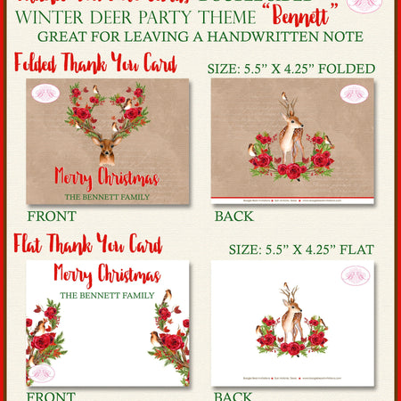 Christmas Deer Party Thank You Cards Flat Folded Note Rose Birds Autumn Wild Woodland Animals Boogie Bear Invitations Bennett Theme Printed