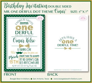 Mr. Wonderful Birthday Party Invitation Bow Tie Little Man Green Gold ONE 1st Boogie Bear Invitations Omar Theme Paperless Printable Printed