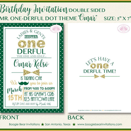 Mr. Wonderful Birthday Party Invitation Bow Tie Little Man Green Gold ONE 1st Boogie Bear Invitations Omar Theme Paperless Printable Printed