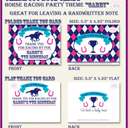 Horse Racing Birthday Party Thank You Card Argyle Pink Blue Kentucky Derby Race Lucky Jockey Kid Boogie Bear Invitations Gabby Theme Printed