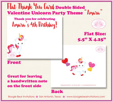 Load image into Gallery viewer, Valentine Unicorn Party Thank You Card Birthday Girl Pink Rainbow Day Love Horse Heart Polka Dot Boogie Bear Invitations Amara Theme Printed