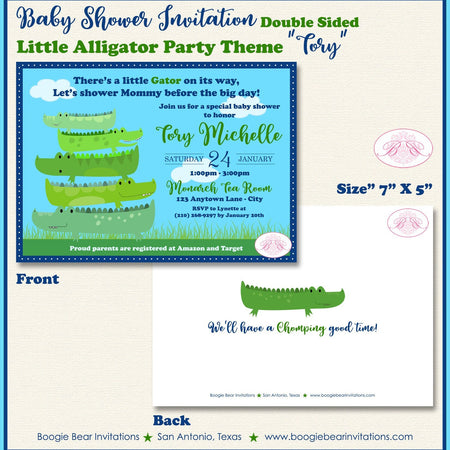 Little Alligator Baby Shower Invitation Boy Girl Green Birthday Party Chomp Boogie Bear Invitations Tory Theme Paperless Printable Printed