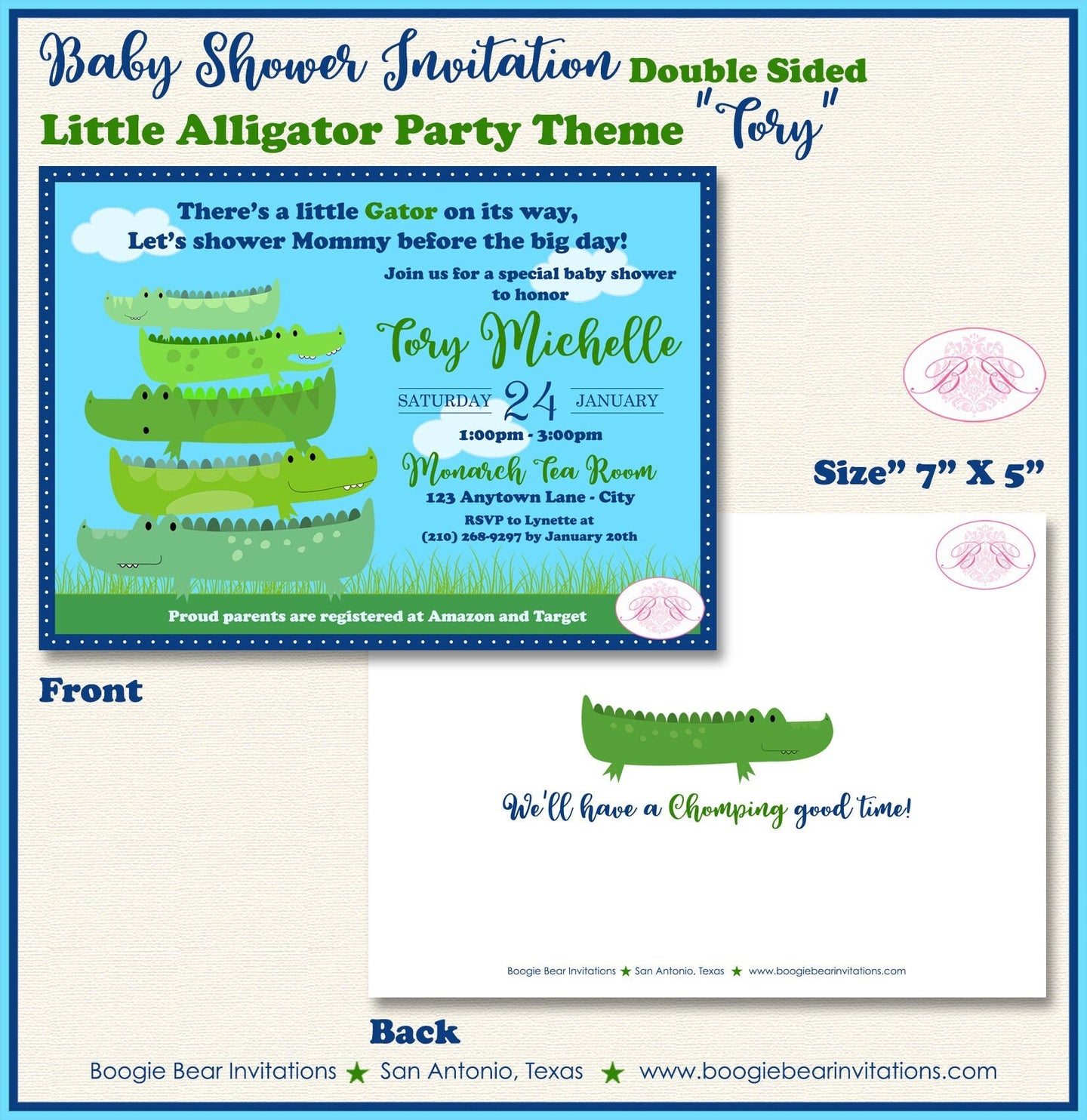 Little Alligator Baby Shower Invitation Boy Girl Green Birthday Party Chomp Boogie Bear Invitations Tory Theme Paperless Printable Printed