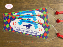 Load image into Gallery viewer, Horse Racing Birthday Party Bookmarks Favor Boy Girl Kentucky Derby Argyle Races Jockey Equestrian Sport Boogie Bear Invitations Tommy Theme