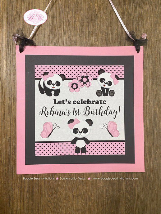 Panda Bear Birthday Party Door Banner Happy Girl Pink Black Tropical Jungle Spot Butterfly Polka Dot Boogie Bear Invitations Robina Theme