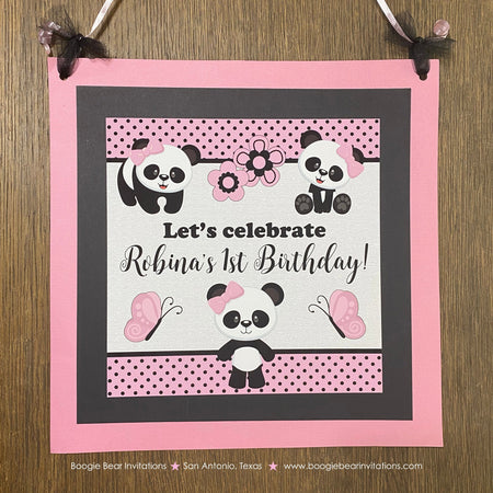 Panda Bear Birthday Party Door Banner Happy Girl Pink Black Tropical Jungle Spot Butterfly Polka Dot Boogie Bear Invitations Robina Theme