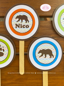 Grizzly Bear Birthday Party Cupcake Toppers Forest Chevron Blue Green Orange Brown Woodland Animals Wild Boogie Bear Invitations Nico Theme