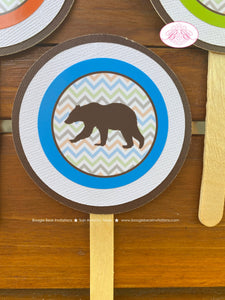 Grizzly Bear Birthday Party Cupcake Toppers Forest Chevron Blue Green Orange Brown Woodland Animals Wild Boogie Bear Invitations Nico Theme