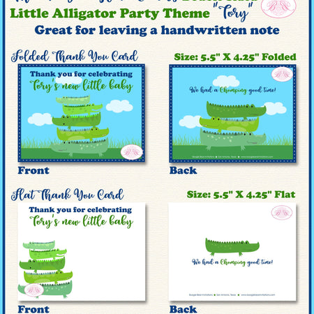Little Alligator Party Thank You Card Note Baby Shower Boy Girl Green Birthday Gator Crocodile Boogie Bear Invitations Tory Theme Printed