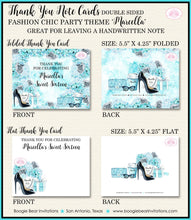 Load image into Gallery viewer, Fashion Chic Party Thank You Cards Birthday Blue Aqua Black Heels Shoes Shopping &amp; Co Present Boogie Bear Invitations Marcella Theme Printed