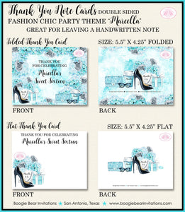 Fashion Chic Party Thank You Cards Birthday Blue Aqua Black Heels Shoes Shopping & Co Present Boogie Bear Invitations Marcella Theme Printed