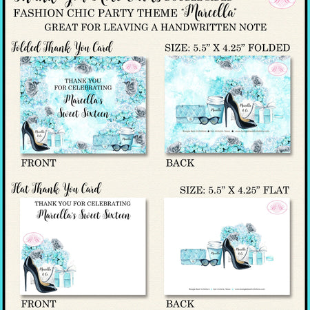Fashion Chic Party Thank You Cards Birthday Blue Aqua Black Heels Shoes Shopping & Co Present Boogie Bear Invitations Marcella Theme Printed