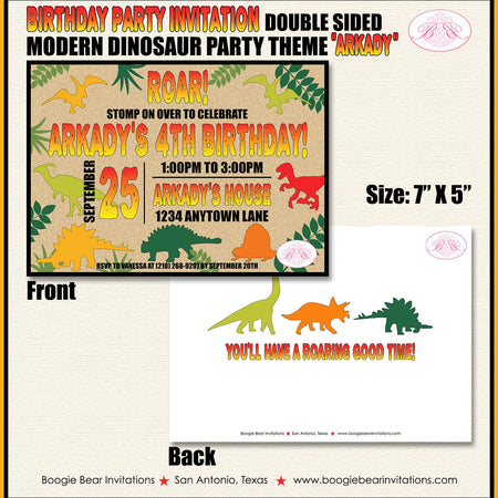 Dinosaur Birthday Party Invitation Boy Red Orange Yellow Green Black Dino Boogie Bear Invitations Arkady Theme Paperless Printable Printed