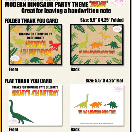 Dinosaur Birthday Party Thank You Card Boy Girl Red Orange Green Black Jurassic Prehistoric Kid Boogie Bear Invitations Arkady Theme Printed