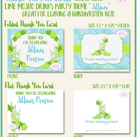 Lime Mojito Thank You Cards Party Note Birthday Drinks Green Mint Aqua Retro Summer Boogie Bear Invitations Jillian Theme Printed