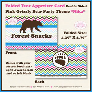 Grizzly Bear Birthday Favor Party Card Tent Place Food Tag Girl Pink Woodland Forest Kodiak Wild Chevron Boogie Bear Invitations Nika Theme