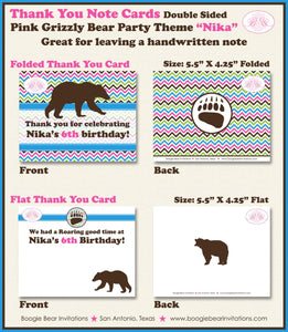 Pink Grizzly Bear Party Thank You Card Birthday Roar Paw Print Forest Woodland Wild Roar Kodiak Boogie Bear Invitations Nika Theme Printed