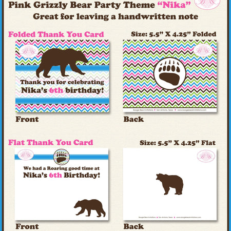 Pink Grizzly Bear Party Thank You Card Birthday Roar Paw Print Forest Woodland Wild Roar Kodiak Boogie Bear Invitations Nika Theme Printed