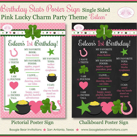 Lucky Charm Birthday Party Sign Poster Frameable Chalkboard Stats Pink Green Girl St. Patrick's Day 1st Boogie Bear Invitations Eileen Theme