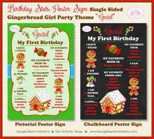 Load image into Gallery viewer, Gingerbread Girl Birthday Party Sign Stats Poster Frameable Chalkboard Milestone Girl Bow Red Green 1st Boogie Bear Invitations Gretel Theme