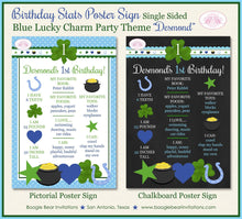 Load image into Gallery viewer, Lucky Charm Birthday Party Sign Poster Frameable Chalkboard Stats Blue Green Boy St. Patrick&#39;s Day 1st Boogie Bear Invitations Desmond Theme
