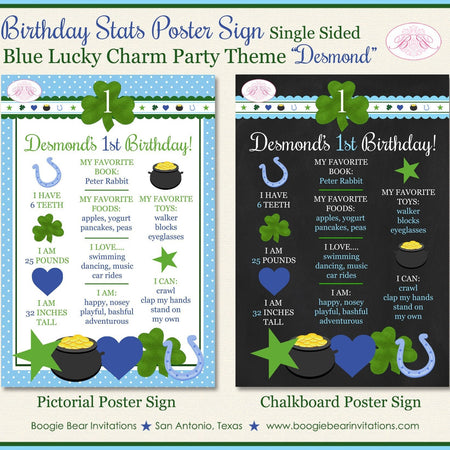 Lucky Charm Birthday Party Sign Poster Frameable Chalkboard Stats Blue Green Boy St. Patrick's Day 1st Boogie Bear Invitations Desmond Theme