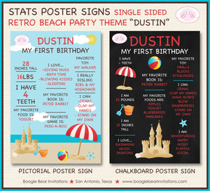 Retro Beach Birthday Party Sign Stats Poster Frameable Chalkboard Milestone Ocean Swimming Boy Girl 1st Boogie Bear Invitations Dustin Theme