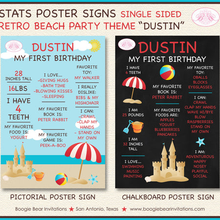 Retro Beach Birthday Party Sign Stats Poster Frameable Chalkboard Milestone Ocean Swimming Boy Girl 1st Boogie Bear Invitations Dustin Theme