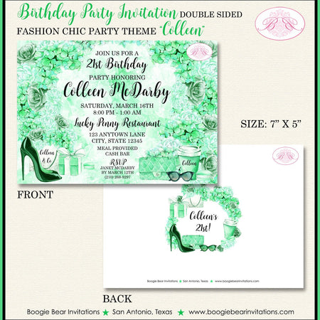 Fashion Chic Birthday Party Invitation Green Black High Heels Shopping Co Boogie Bear Invitations Colleen Theme Paperless Printable Printed