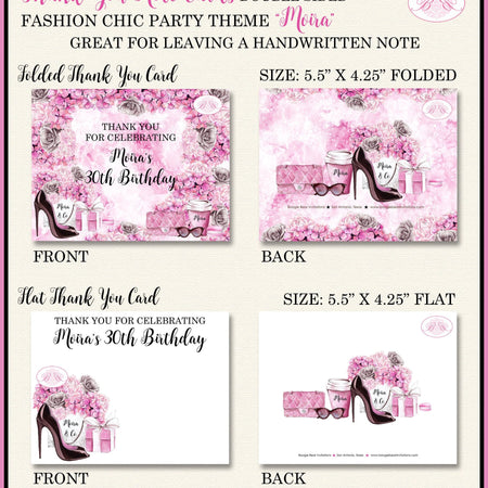Fashion Chic Party Thank You Cards Birthday Pink Black Heels Shoes Flower Shopping & Co Present Boogie Bear Invitations Moira Theme Printed