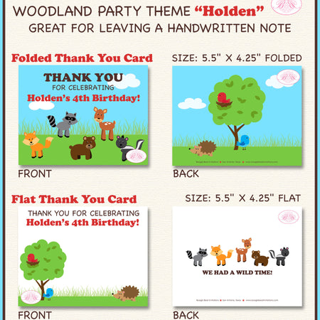 Woodland Animals Party Thank You Card Birthday Fox Deer Raccoon Skunk Forest Creatures Boy Girl Boogie Bear Invitations Holden Theme Printed