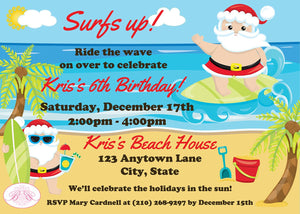 Santa Claus Surfer Birthday Party Invitation Beach Christmas Tropical Winter Boogie Bear Invitations Kris Theme Paperless Printable Printed
