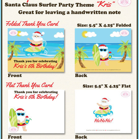 Santa Claus Birthday Party Thank You Card Beach Christmas Tropical Winter Surfer Ocean Swimming Boogie Bear Invitations Kris Theme Printed