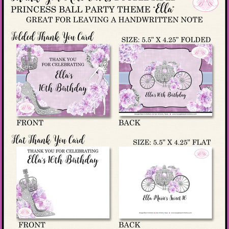 Princess Ball Party Thank You Cards Birthday Sweet 16 Crown Purple Blue Cinderella Fashion Chic Boogie Bear Invitations Ella Theme Printed